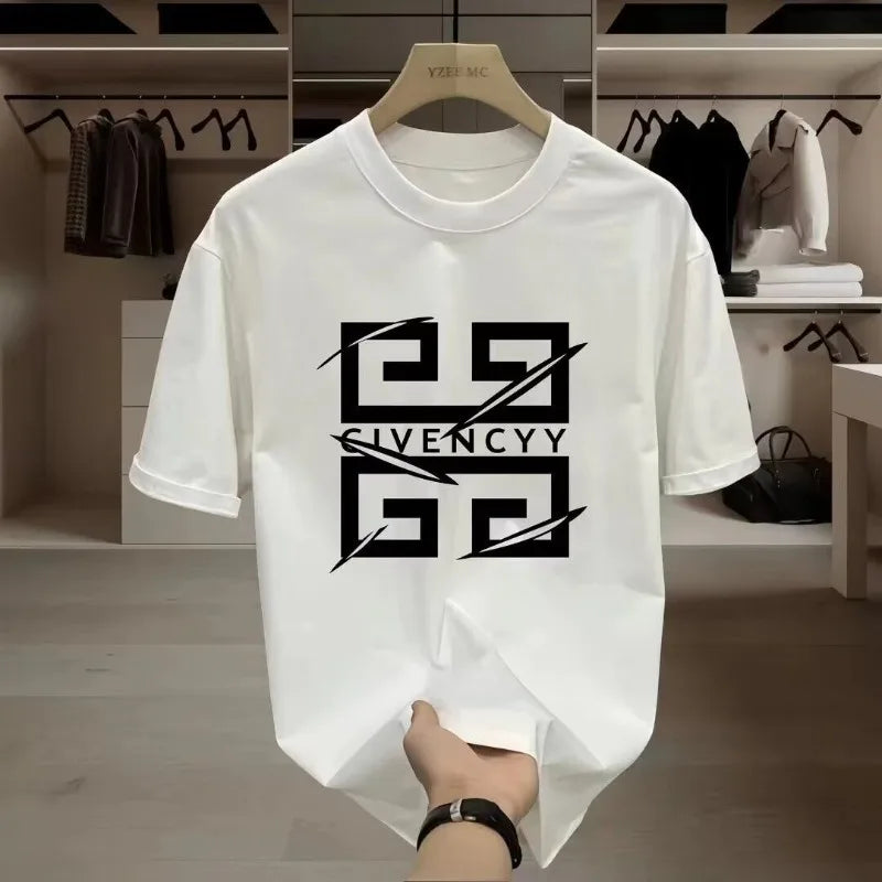 Men's GIVENCY Brand Logo Print T-Shirt Cotton Short Sleeve Tee,Streetwear Fashion Top with White Graphic Design Casual Wear