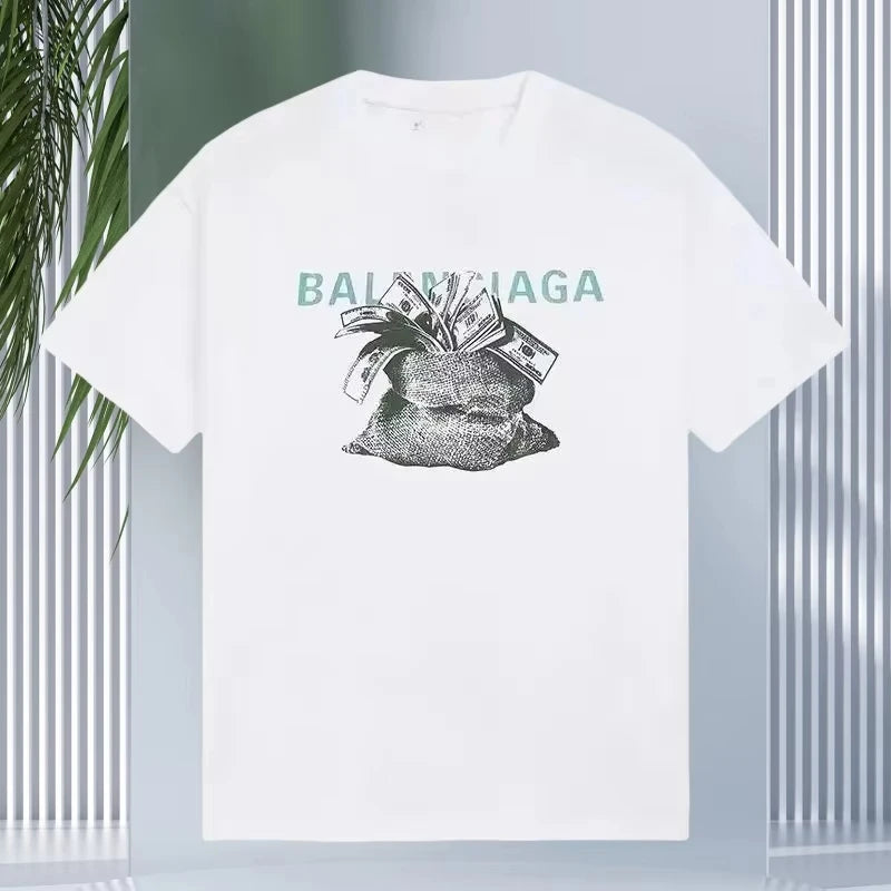 2025 Cotton Fashion Trendy Full Tape Explosion Printed T-shirt Cotton Loose Men's Casual Women's Versatile Short Sleeve T-shirt