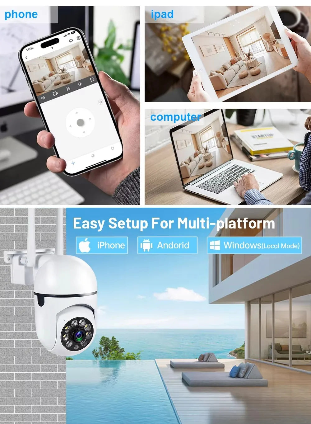 8MP Wifi IP Wireless Security Surveillance PTZ Camera 4X Zoom Cameras Tracking Two-way Audio HD Night Color Cam