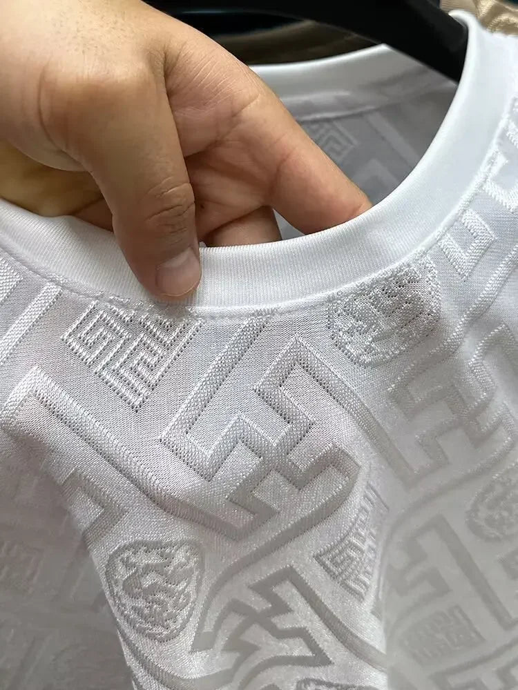 Ice Silk Short Sleeve T-Shirt Men's Casual Fashion Brand Summer New Full Body Embroidery Half Sleeve Summer Wear Body Shirt