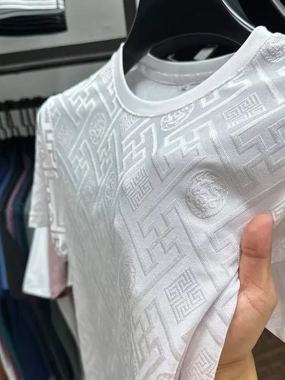 Ice Silk Short Sleeve T-Shirt Men's Casual Fashion Brand Summer New Full Body Embroidery Half Sleeve Summer Wear Body Shirt