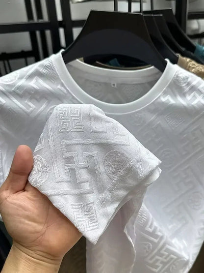 Ice Silk Short Sleeve T-Shirt Men's Casual Fashion Brand Summer New Full Body Embroidery Half Sleeve Summer Wear Body Shirt