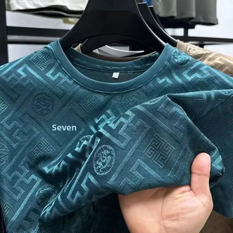 Ice Silk Short Sleeve T-Shirt Men's Casual Fashion Brand Summer New Full Body Embroidery Half Sleeve Summer Wear Body Shirt