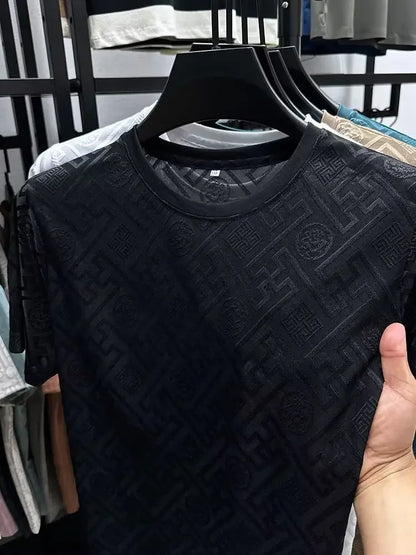 Ice Silk Short Sleeve T-Shirt Men's Casual Fashion Brand Summer New Full Body Embroidery Half Sleeve Summer Wear Body Shirt