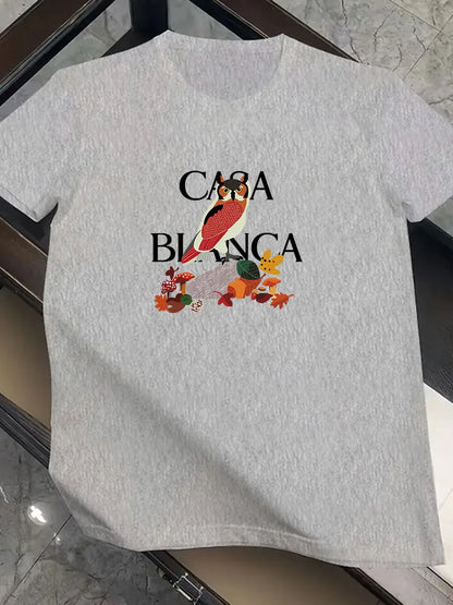 2026 new men's fashionable trend international brand owl-patterned printed T-shirt, pure cotton round neck, casual and luxurious