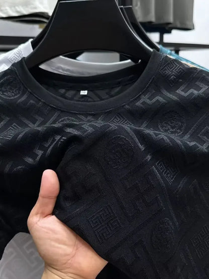 Ice Silk Short Sleeve T-Shirt Men's Casual Fashion Brand Summer New Full Body Embroidery Half Sleeve Summer Wear Body Shirt