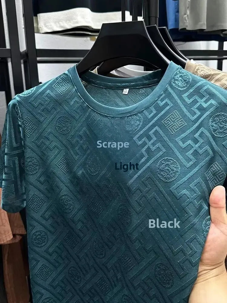 Ice Silk Short Sleeve T-Shirt Men's Casual Fashion Brand Summer New Full Body Embroidery Half Sleeve Summer Wear Body Shirt