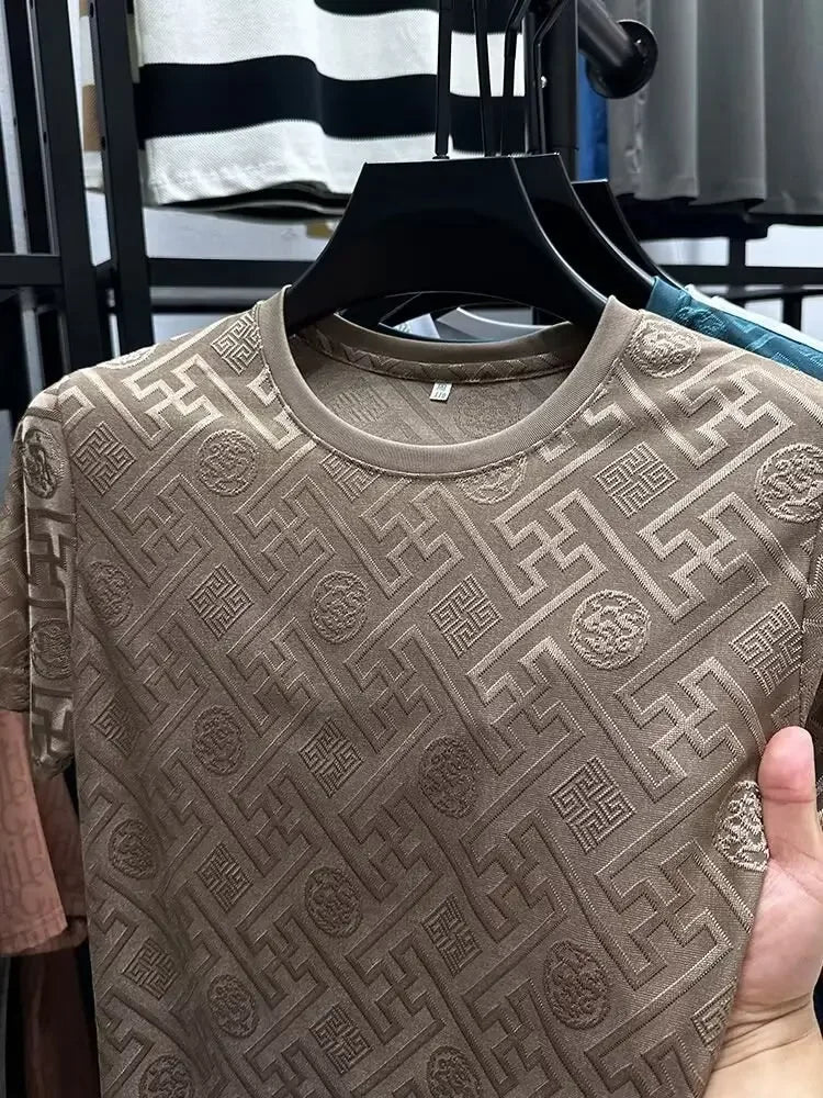 Ice Silk Short Sleeve T-Shirt Men's Casual Fashion Brand Summer New Full Body Embroidery Half Sleeve Summer Wear Body Shirt