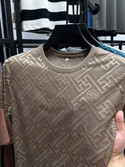 Ice Silk Short Sleeve T-Shirt Men's Casual Fashion Brand Summer New Full Body Embroidery Half Sleeve Summer Wear Body Shirt