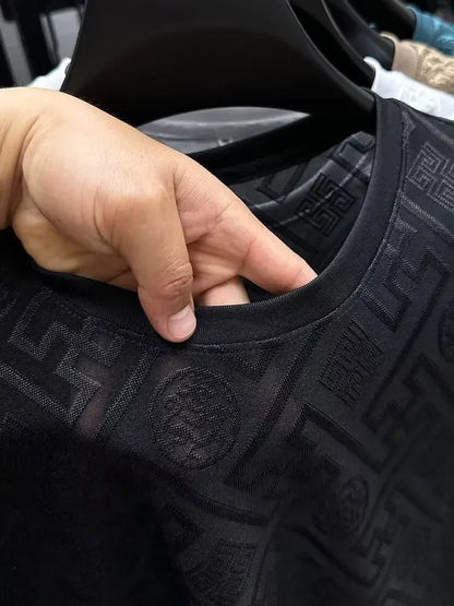 Ice Silk Short Sleeve T-Shirt Men's Casual Fashion Brand Summer New Full Body Embroidery Half Sleeve Summer Wear Body Shirt