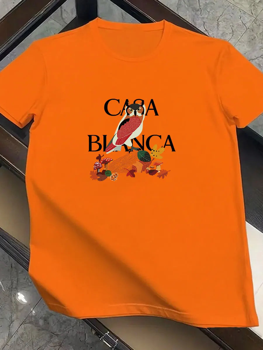 2026 new men's fashionable trend international brand owl-patterned printed T-shirt, pure cotton round neck, casual and luxurious