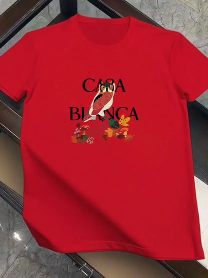 2026 new men's fashionable trend international brand owl-patterned printed T-shirt, pure cotton round neck, casual and luxurious