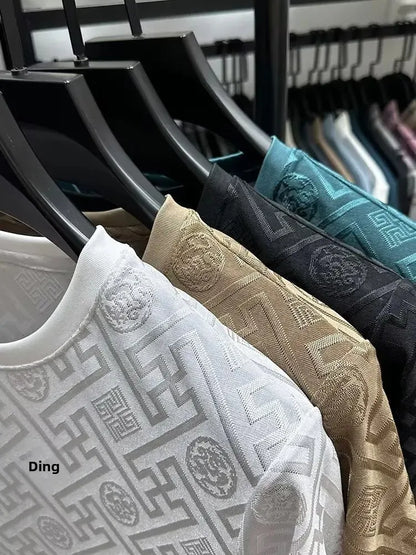 Ice Silk Short Sleeve T-Shirt Men's Casual Fashion Brand Summer New Full Body Embroidery Half Sleeve Summer Wear Body Shirt