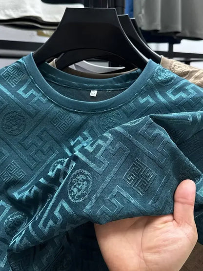 Ice Silk Short Sleeve T-Shirt Men's Casual Fashion Brand Summer New Full Body Embroidery Half Sleeve Summer Wear Body Shirt