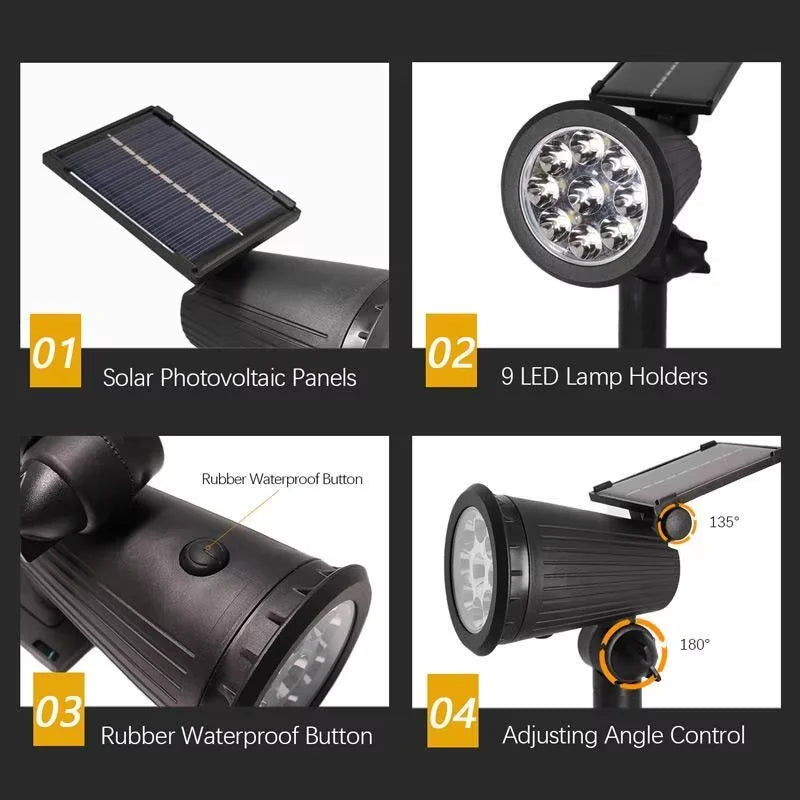 9LED Solar Spotlights Garden Waterproof IP65 Spot Lights Brightness Adjustable for Outdoor Backyard Driveway Lawn Decor Lighting