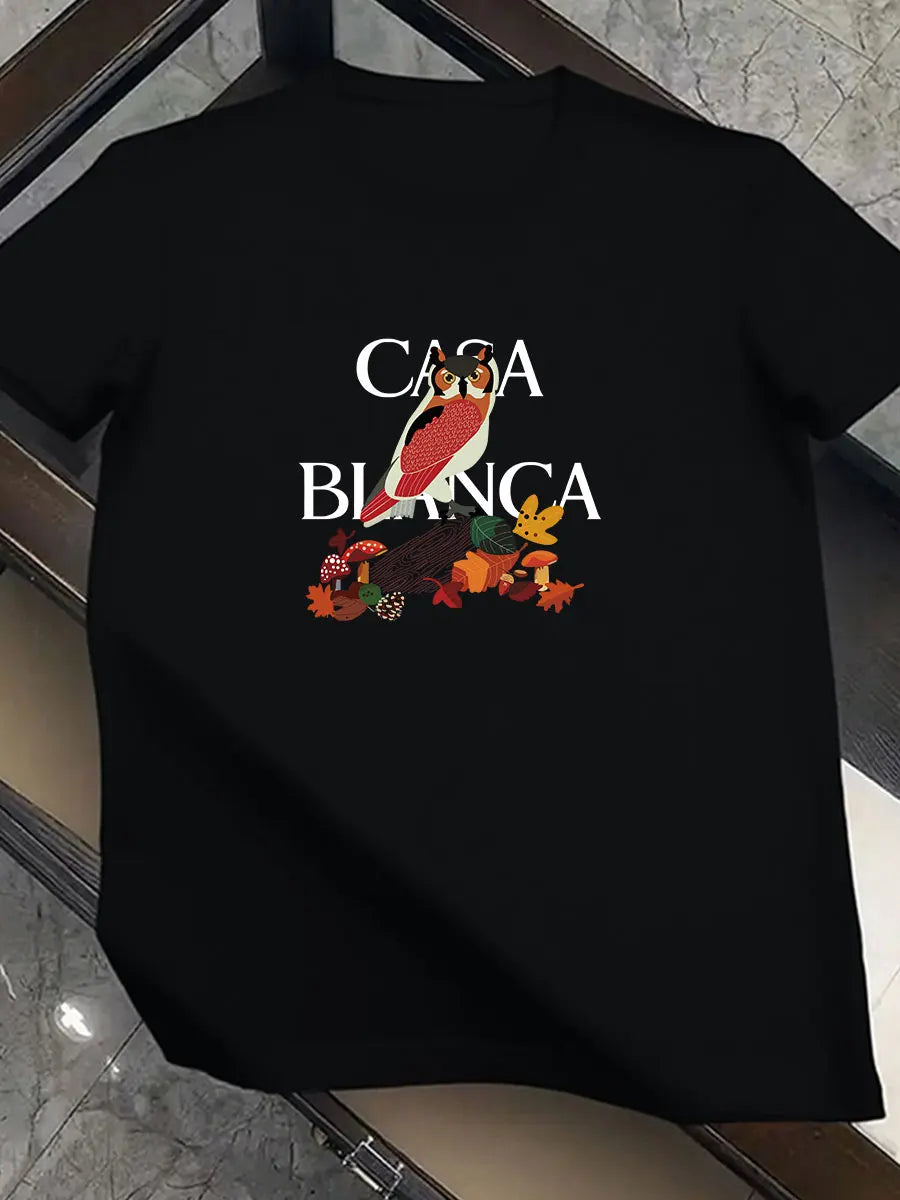 2026 new men's fashionable trend international brand owl-patterned printed T-shirt, pure cotton round neck, casual and luxurious