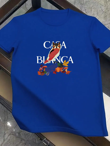 2026 new men's fashionable trend international brand owl-patterned printed T-shirt, pure cotton round neck, casual and luxurious