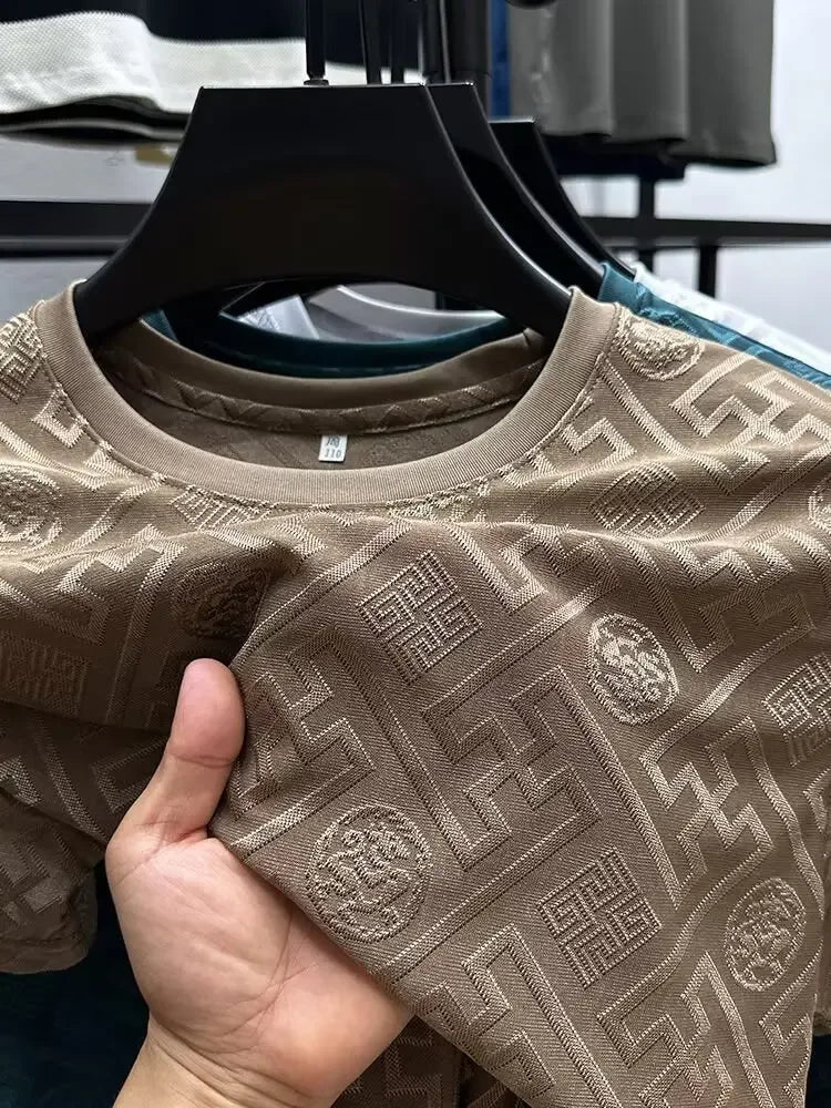 Ice Silk Short Sleeve T-Shirt Men's Casual Fashion Brand Summer New Full Body Embroidery Half Sleeve Summer Wear Body Shirt