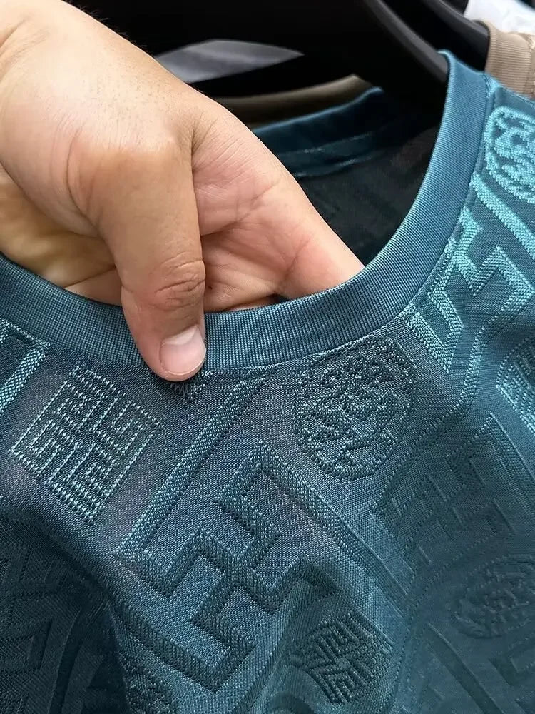 Ice Silk Short Sleeve T-Shirt Men's Casual Fashion Brand Summer New Full Body Embroidery Half Sleeve Summer Wear Body Shirt