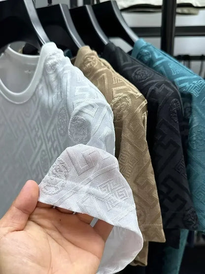 Ice Silk Short Sleeve T-Shirt Men's Casual Fashion Brand Summer New Full Body Embroidery Half Sleeve Summer Wear Body Shirt