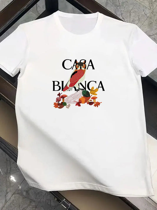 2026 new men's fashionable trend international brand owl-patterned printed T-shirt, pure cotton round neck, casual and luxurious
