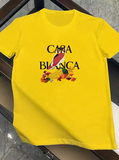 2026 new men's fashionable trend international brand owl-patterned printed T-shirt, pure cotton round neck, casual and luxurious