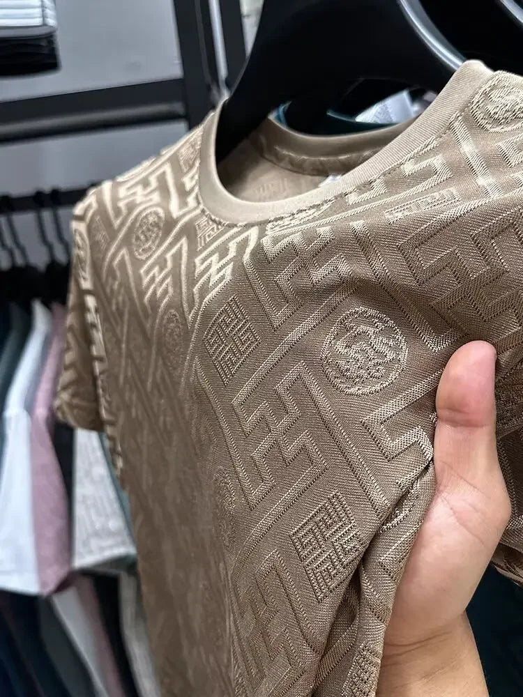 Ice Silk Short Sleeve T-Shirt Men's Casual Fashion Brand Summer New Full Body Embroidery Half Sleeve Summer Wear Body Shirt