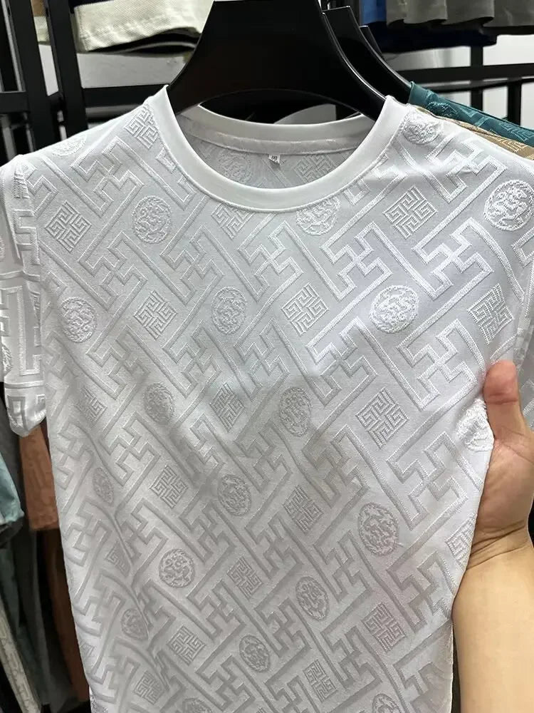 Ice Silk Short Sleeve T-Shirt Men's Casual Fashion Brand Summer New Full Body Embroidery Half Sleeve Summer Wear Body Shirt