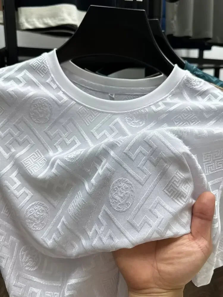 Ice Silk Short Sleeve T-Shirt Men's Casual Fashion Brand Summer New Full Body Embroidery Half Sleeve Summer Wear Body Shirt