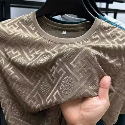 Ice Silk Short Sleeve T-Shirt Men's Casual Fashion Brand Summer New Full Body Embroidery Half Sleeve Summer Wear Body Shirt