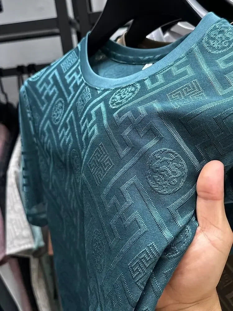 Ice Silk Short Sleeve T-Shirt Men's Casual Fashion Brand Summer New Full Body Embroidery Half Sleeve Summer Wear Body Shirt