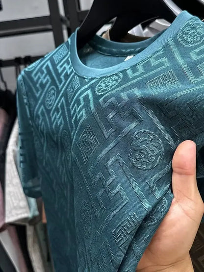 Ice Silk Short Sleeve T-Shirt Men's Casual Fashion Brand Summer New Full Body Embroidery Half Sleeve Summer Wear Body Shirt