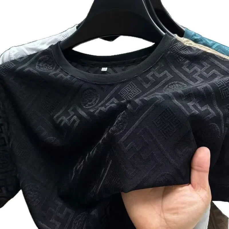 Ice Silk Short Sleeve T-Shirt Men's Casual Fashion Brand Summer New Full Body Embroidery Half Sleeve Summer Wear Body Shirt