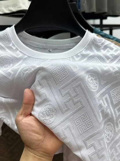 Ice Silk Short Sleeve T-Shirt Men's Casual Fashion Brand Summer New Full Body Embroidery Half Sleeve Summer Wear Body Shirt